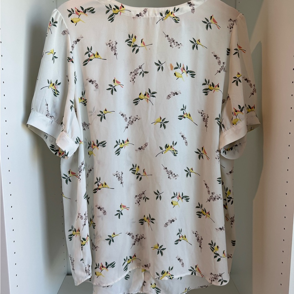 LOFT White Floral Short-Sleeve Blouse with Yellow Accents